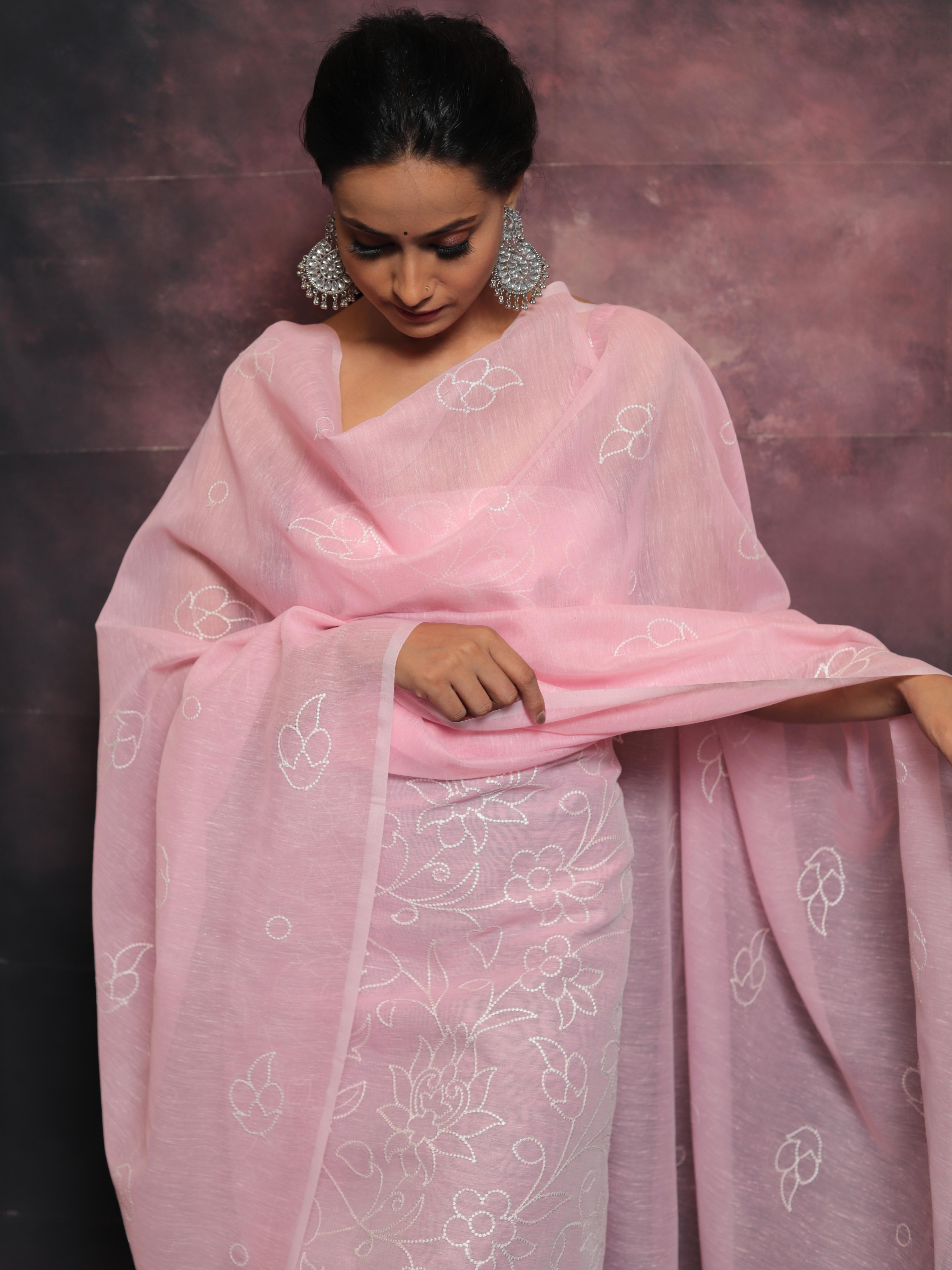 Banarasee Embroidered Linen Cotton Salwar Kameez With Dupatta-Pink