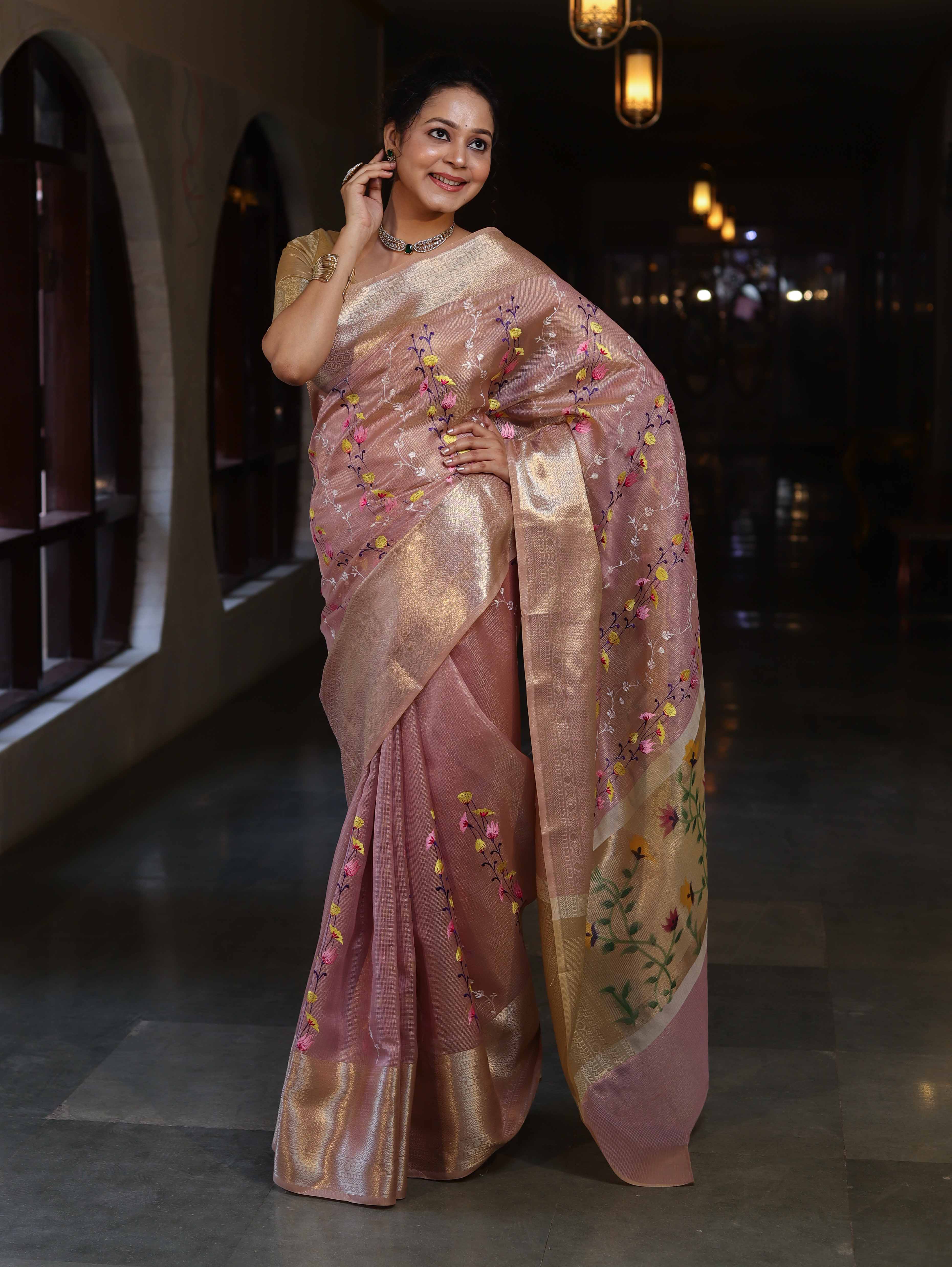 Banarasee Handwoven Tissue Saree With Thread Embroidery Digital Prints & Zari Border-Light Pink