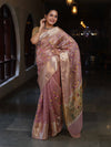 Banarasee Handwoven Tissue Saree With Thread Embroidery Digital Prints & Zari Border-Light Pink