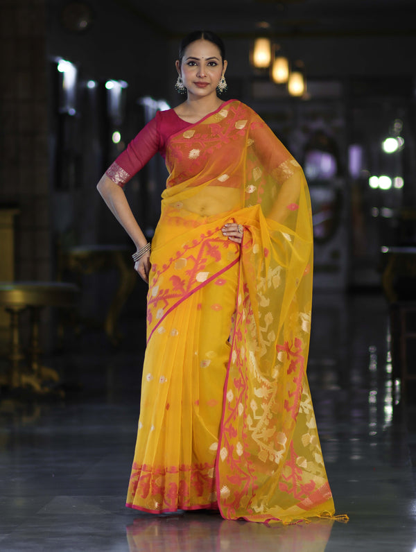 Banarasee Dual Color Organza Mix Saree With Resham & Zari Work-Yellow & Magenta