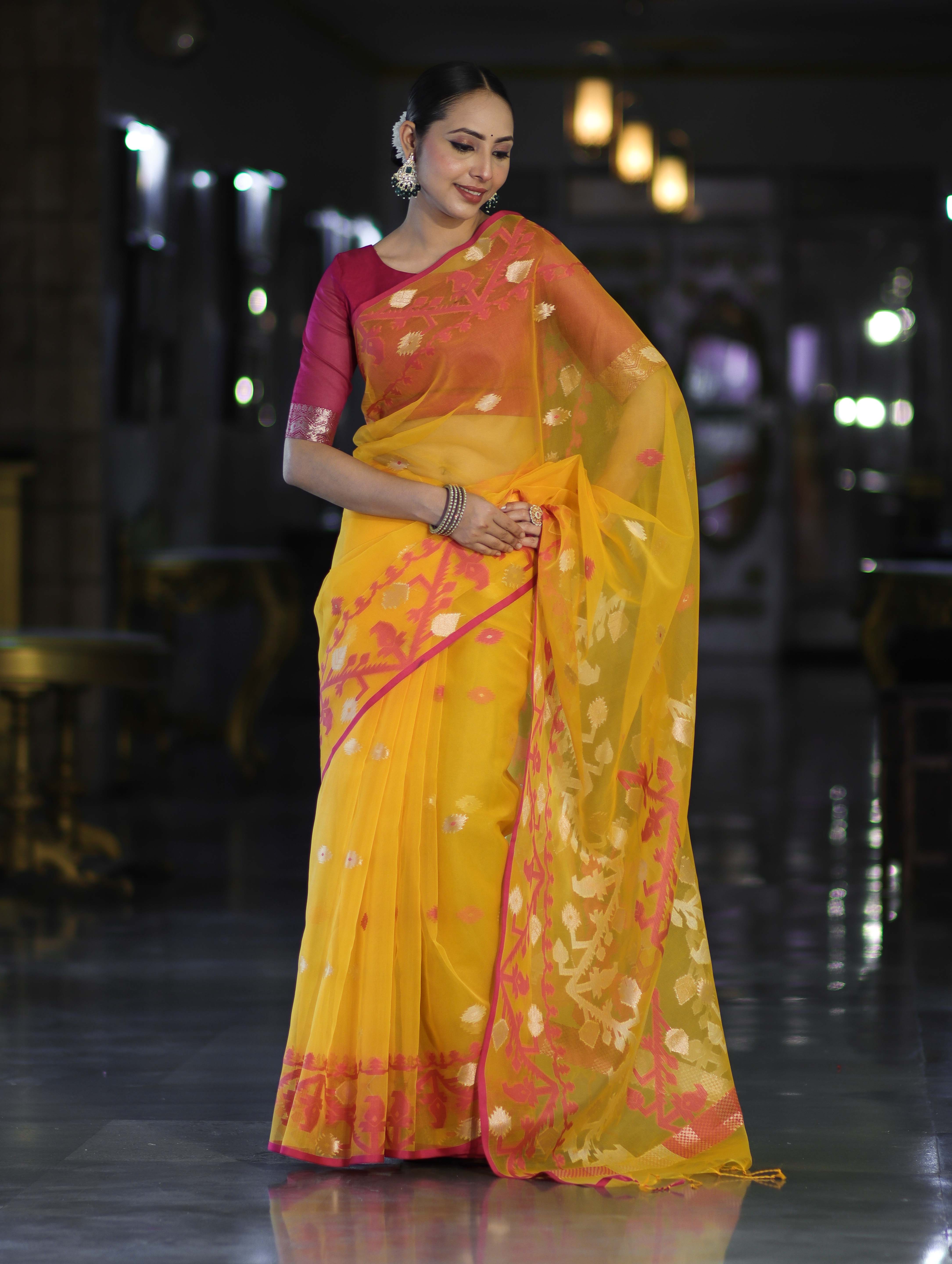 Banarasee Dual Color Organza Mix Saree With Resham & Zari Work-Yellow & Magenta
