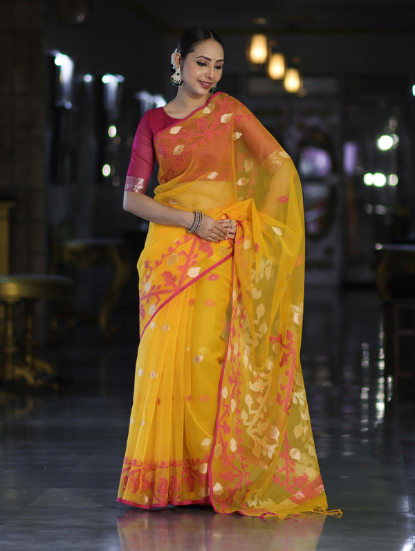 Banarasee Dual Color Organza Mix Saree With Resham & Zari Work-Yellow & Magenta