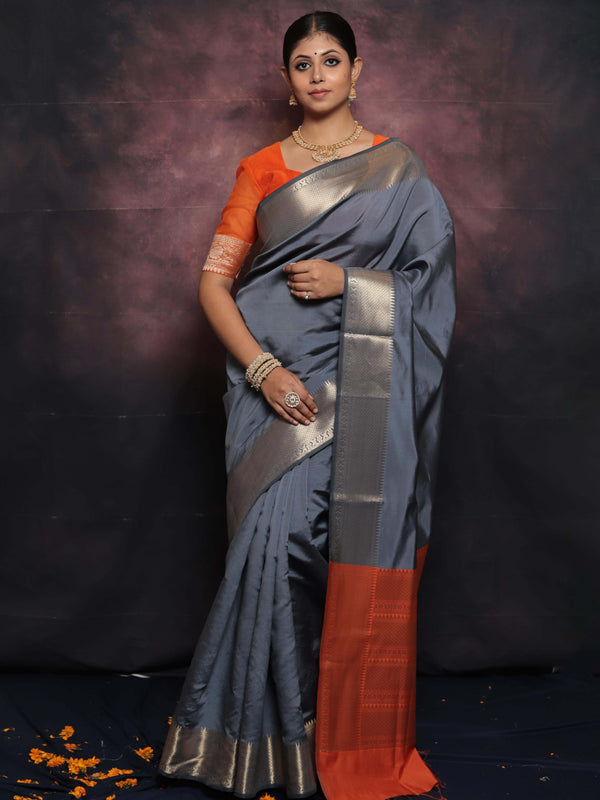 Banarasee Handwoven Semi Silk Plain Saree With Zari Border-Grey & Orange