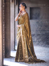 Banarasee Handloom Semi Silk Saree With Sona Rupa Zari Buta Work & Border-Olive Green (Yellow Tone)