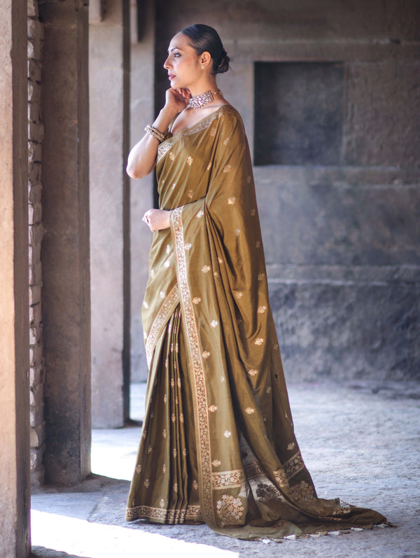 Banarasee Handloom Semi Silk Saree With Sona Rupa Zari Buta Work & Border-Olive Green (Yellow Tone)
