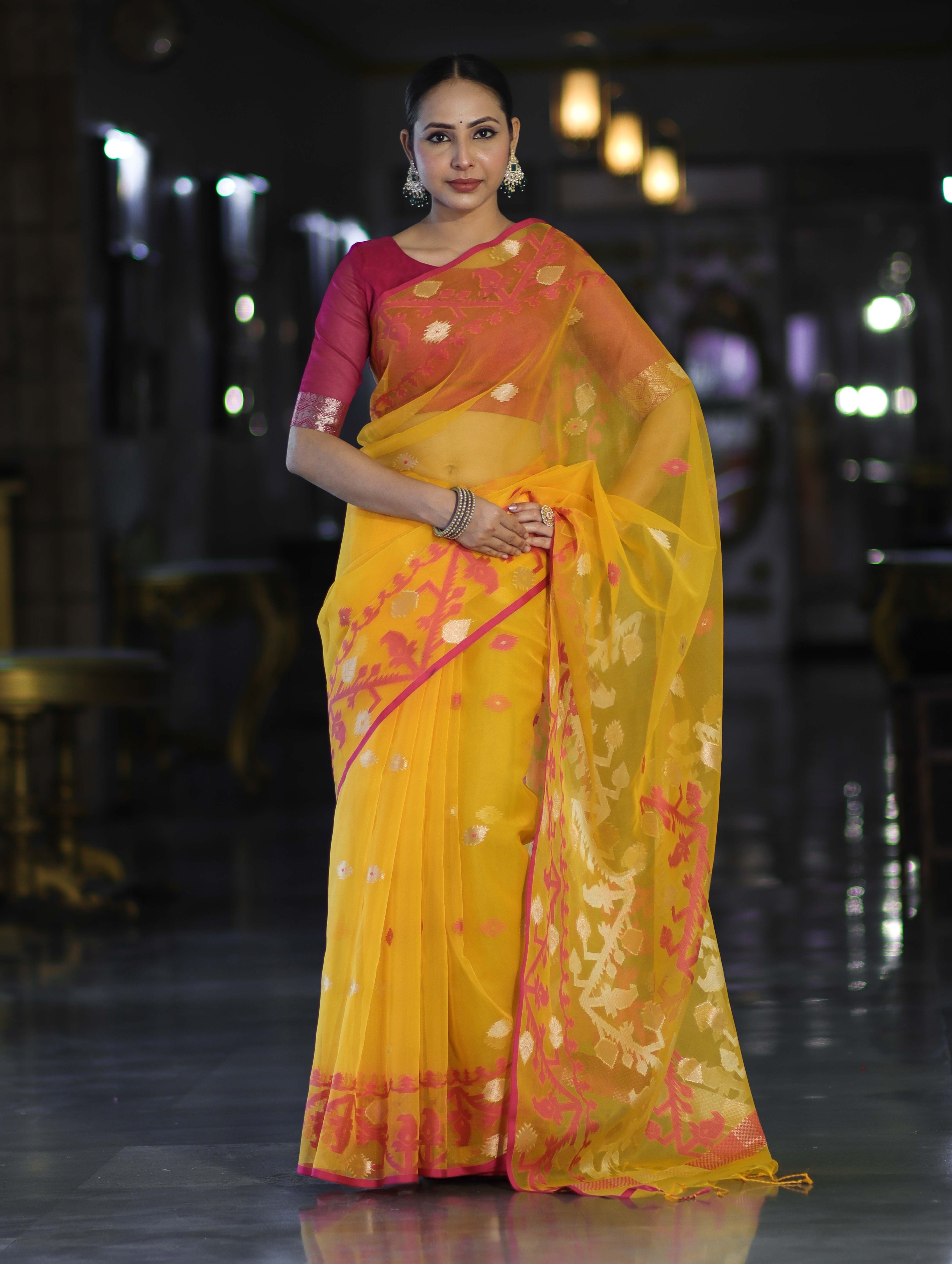 Banarasee Dual Color Organza Mix Saree With Resham & Zari Work-Yellow & Magenta