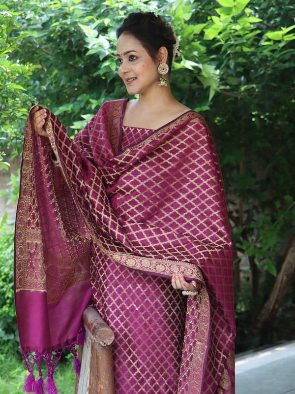 Banarasee Cotton Silk Zari Woven Salwar Kameez Dupatta Set-Magenta