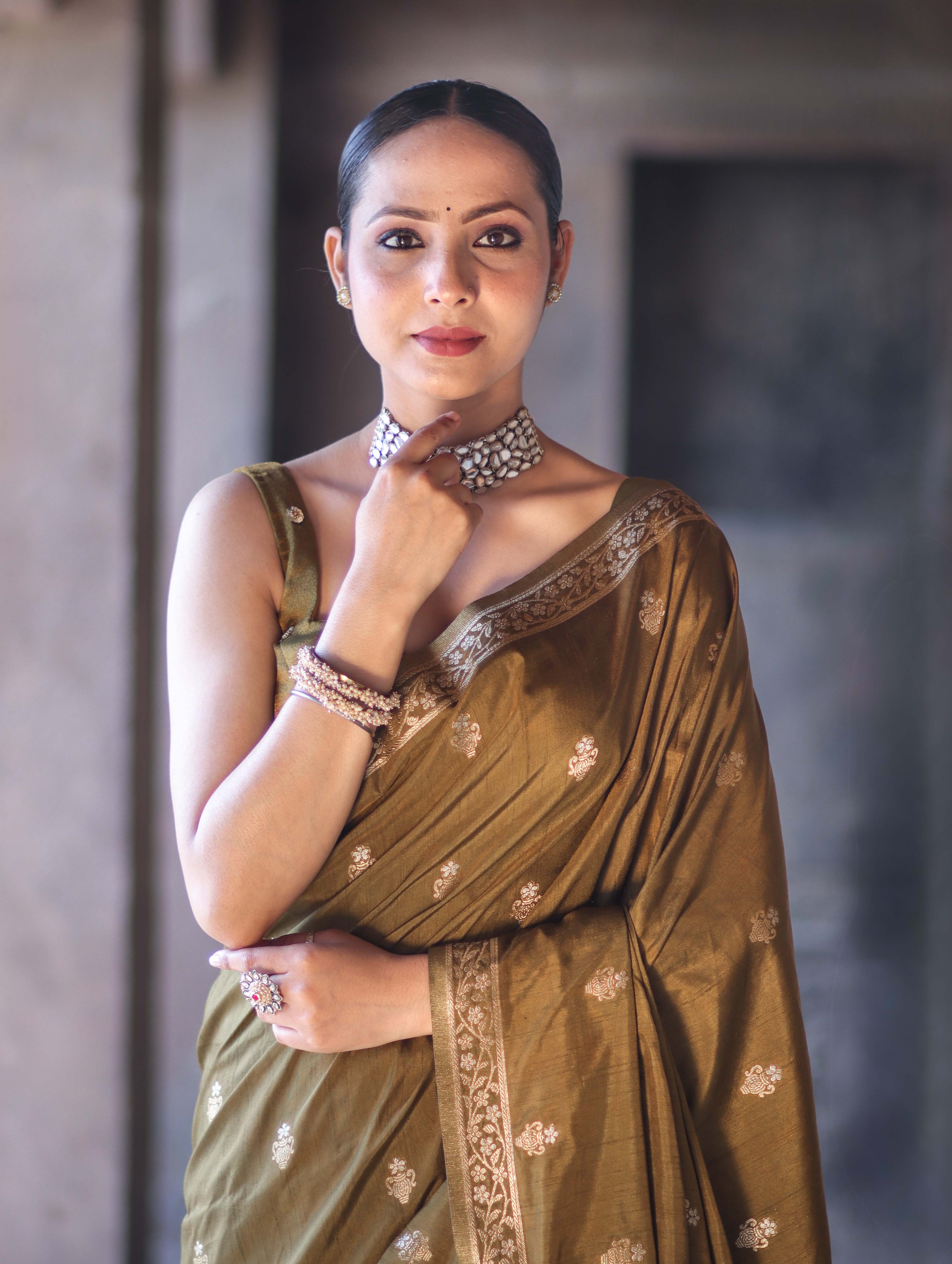 Banarasee Handloom Semi Silk Saree With Sona Rupa Zari Buta Work & Border-Olive Green (Yellow Tone)