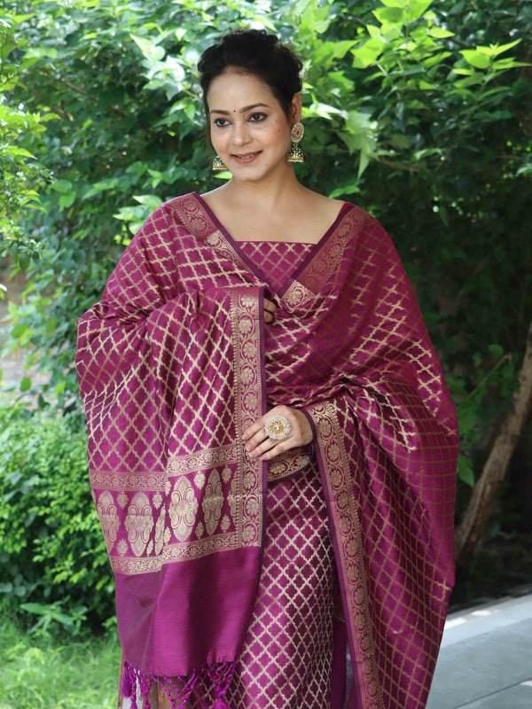 Banarasee Cotton Silk Zari Woven Salwar Kameez Dupatta Set-Magenta