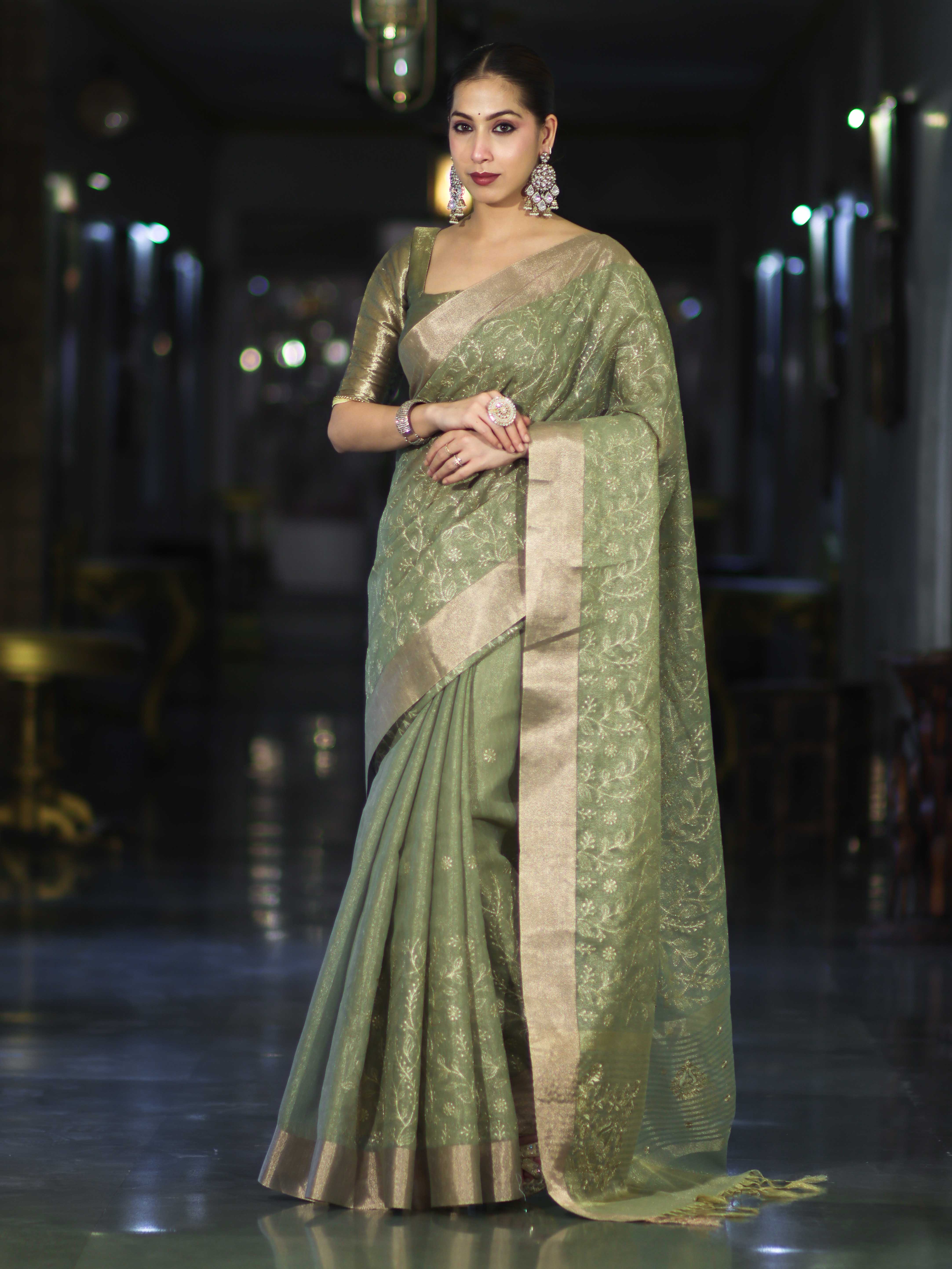 Banarasee Handloom Tissue Saree With Zari Thread Floral Embroidery & Border-Moss Green
