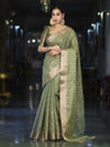 Banarasee Handloom Tissue Saree With Zari Thread Floral Embroidery & Border-Moss Green