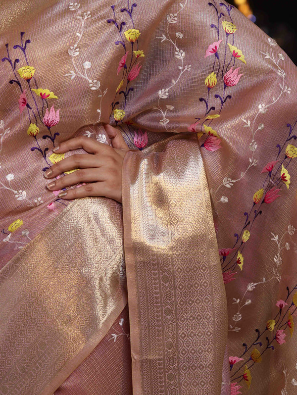 Banarasee Handwoven Tissue Saree With Thread Embroidery Digital Prints & Zari Border-Light Pink