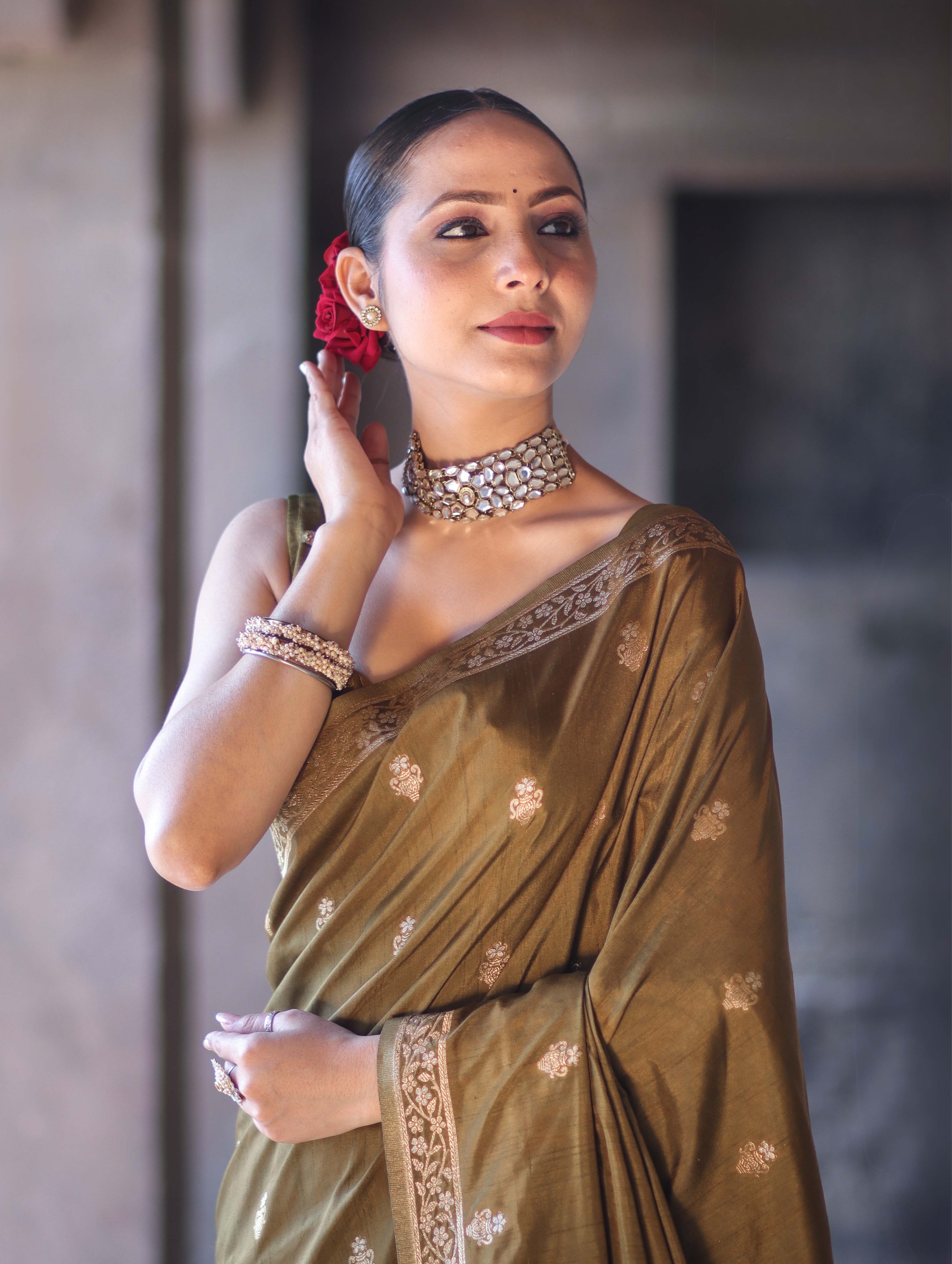 Banarasee Handloom Semi Silk Saree With Sona Rupa Zari Buta Work & Border-Olive Green (Yellow Tone)