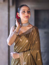 Banarasee Handloom Semi Silk Saree With Sona Rupa Zari Buta Work & Border-Olive Green (Yellow Tone)
