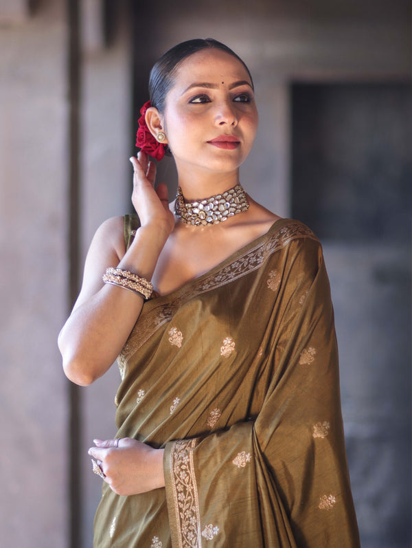 Banarasee Handloom Semi Silk Saree With Sona Rupa Zari Buta Work & Border-Olive Green (Yellow Tone)