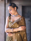 Banarasee Handloom Semi Silk Saree With Sona Rupa Zari Buta Work & Border-Olive Green (Yellow Tone)