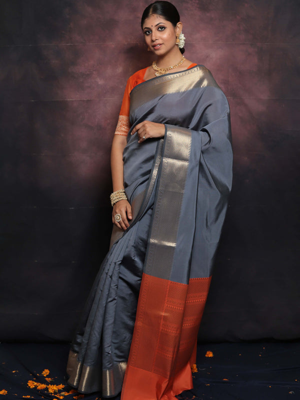 Banarasee Handwoven Semi Silk Plain Saree With Zari Border-Grey & Orange