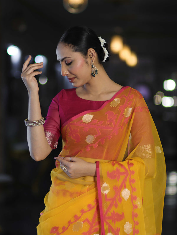 Banarasee Dual Color Organza Mix Saree With Resham & Zari Work-Yellow & Magenta