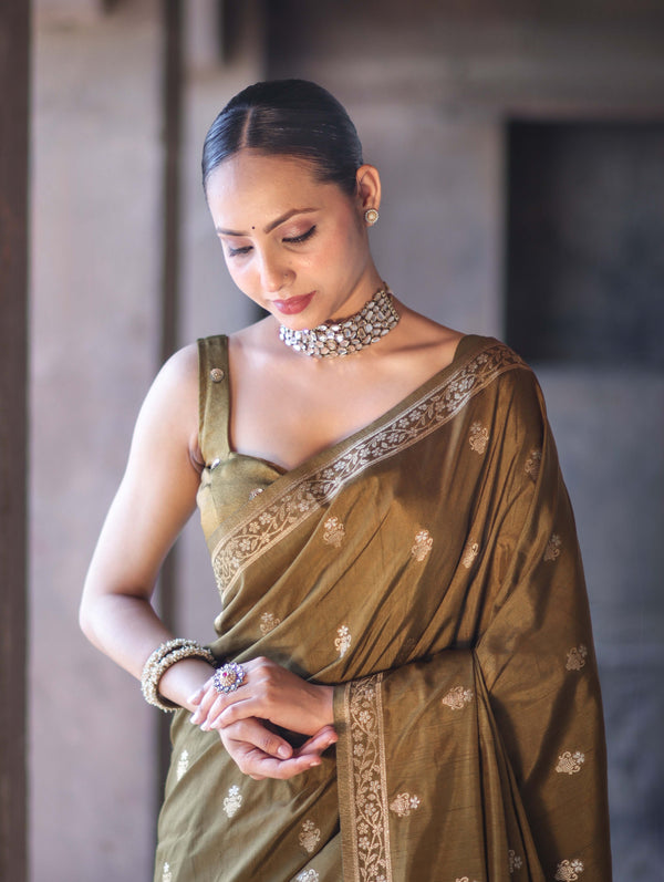 Banarasee Handloom Semi Silk Saree With Sona Rupa Zari Buta Work & Border-Olive Green (Yellow Tone)