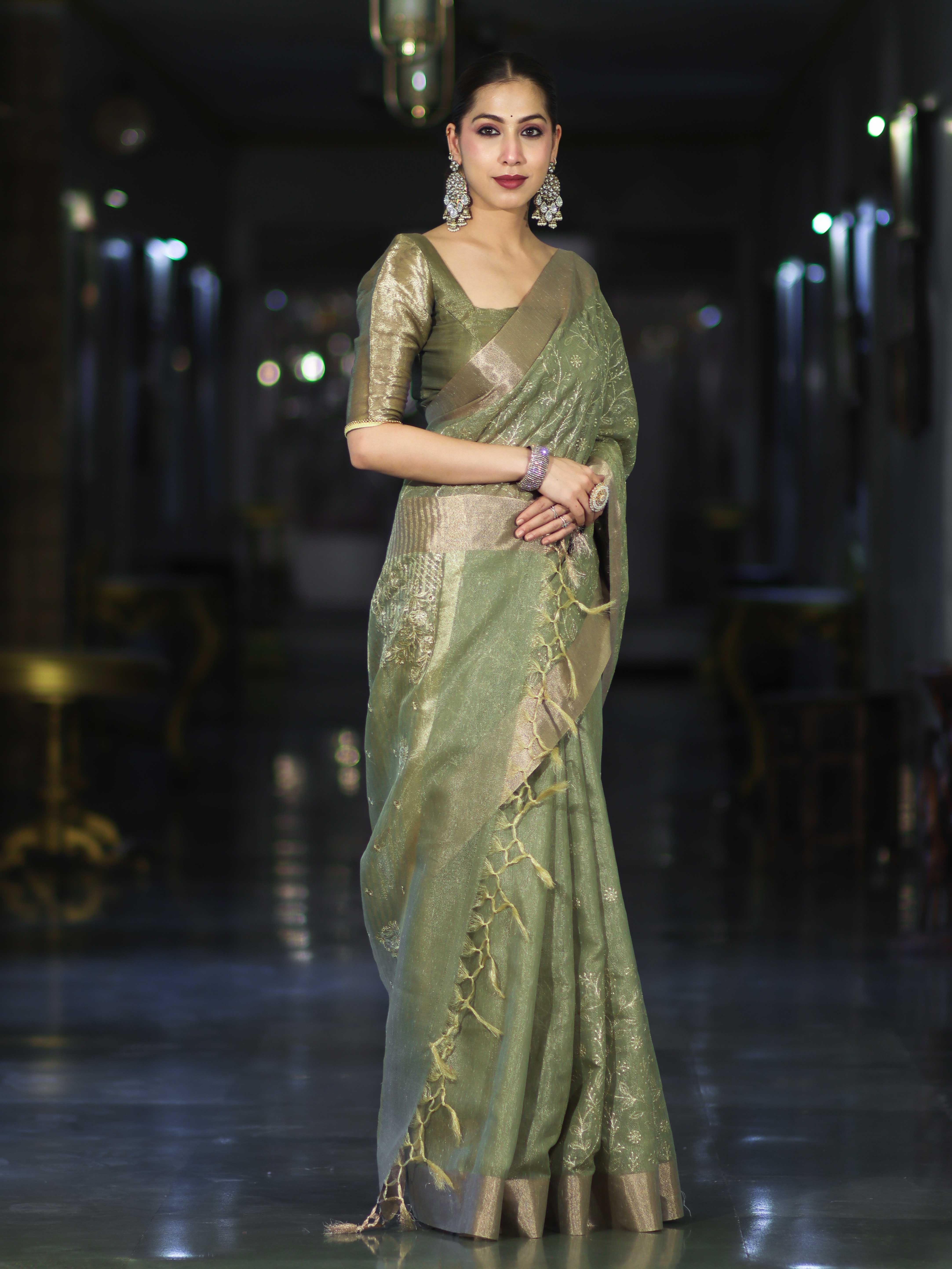 Banarasee Handloom Tissue Saree With Zari Thread Floral Embroidery & Border-Moss Green