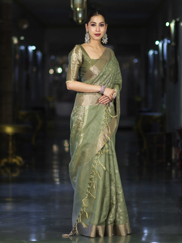 Banarasee Handloom Tissue Saree With Zari Thread Floral Embroidery & Border-Moss Green
