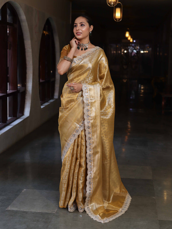 Banarasee Handwoven Tissue Saree With Zari Woven Design Broad Border & Lace-Gold