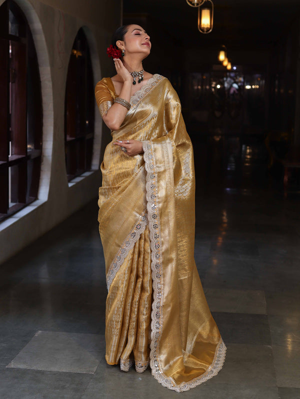 Banarasee Handwoven Tissue Saree With Zari Woven Design Broad Border & Lace-Gold