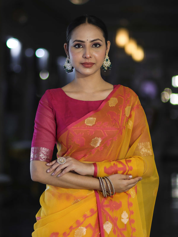 Banarasee Dual Color Organza Mix Saree With Resham & Zari Work-Yellow & Magenta