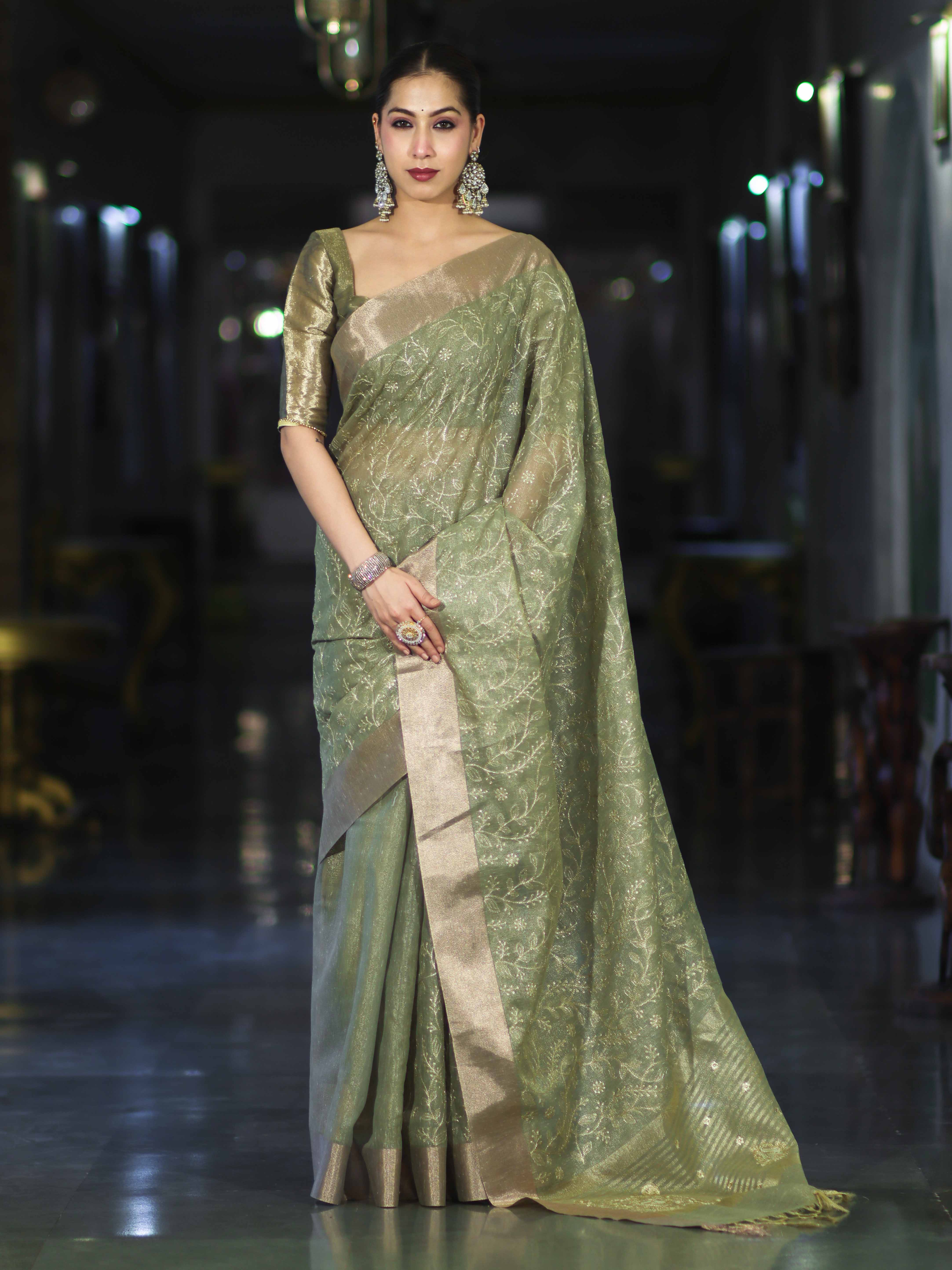 Banarasee Handloom Tissue Saree With Zari Thread Floral Embroidery & Border-Moss Green