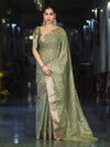 Banarasee Handloom Tissue Saree With Zari Thread Floral Embroidery & Border-Moss Green