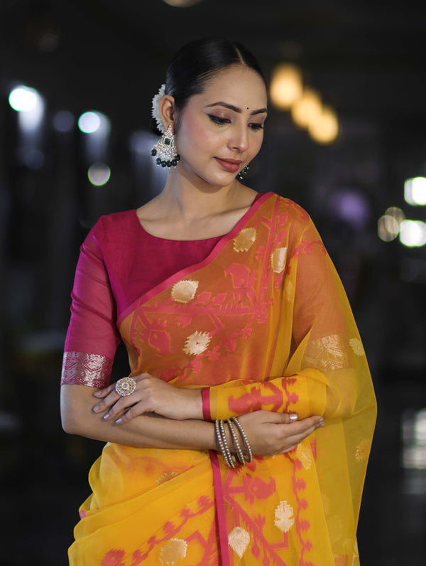 Banarasee Dual Color Organza Mix Saree With Resham & Zari Work-Yellow & Magenta