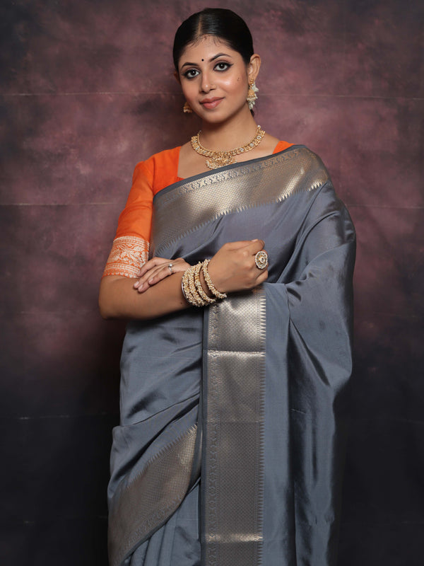 Banarasee Handwoven Semi Silk Plain Saree With Zari Border-Grey & Orange