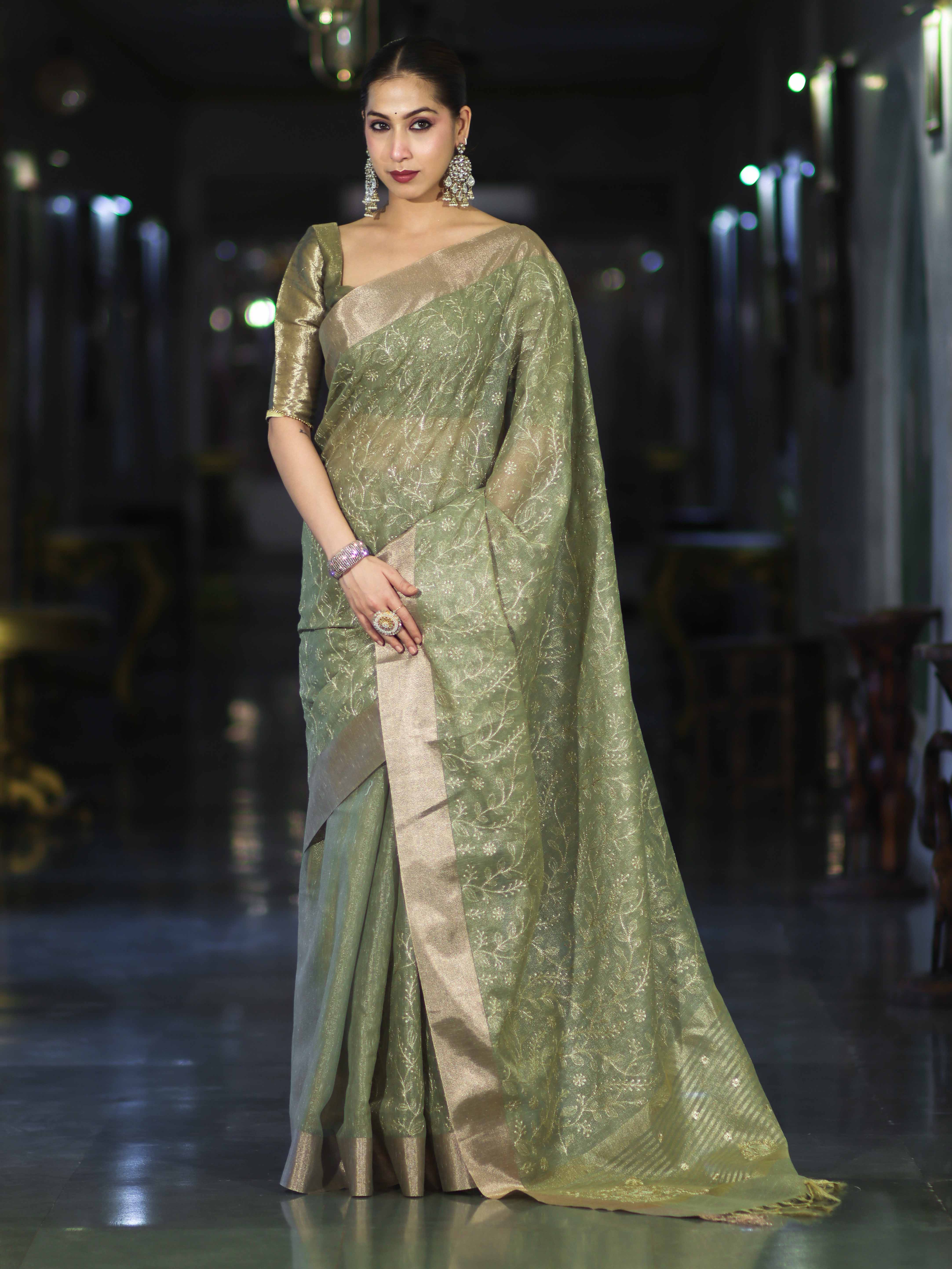 Banarasee Handloom Tissue Saree With Zari Thread Floral Embroidery & Border-Moss Green