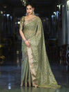 Banarasee Handloom Tissue Saree With Zari Thread Floral Embroidery & Border-Moss Green