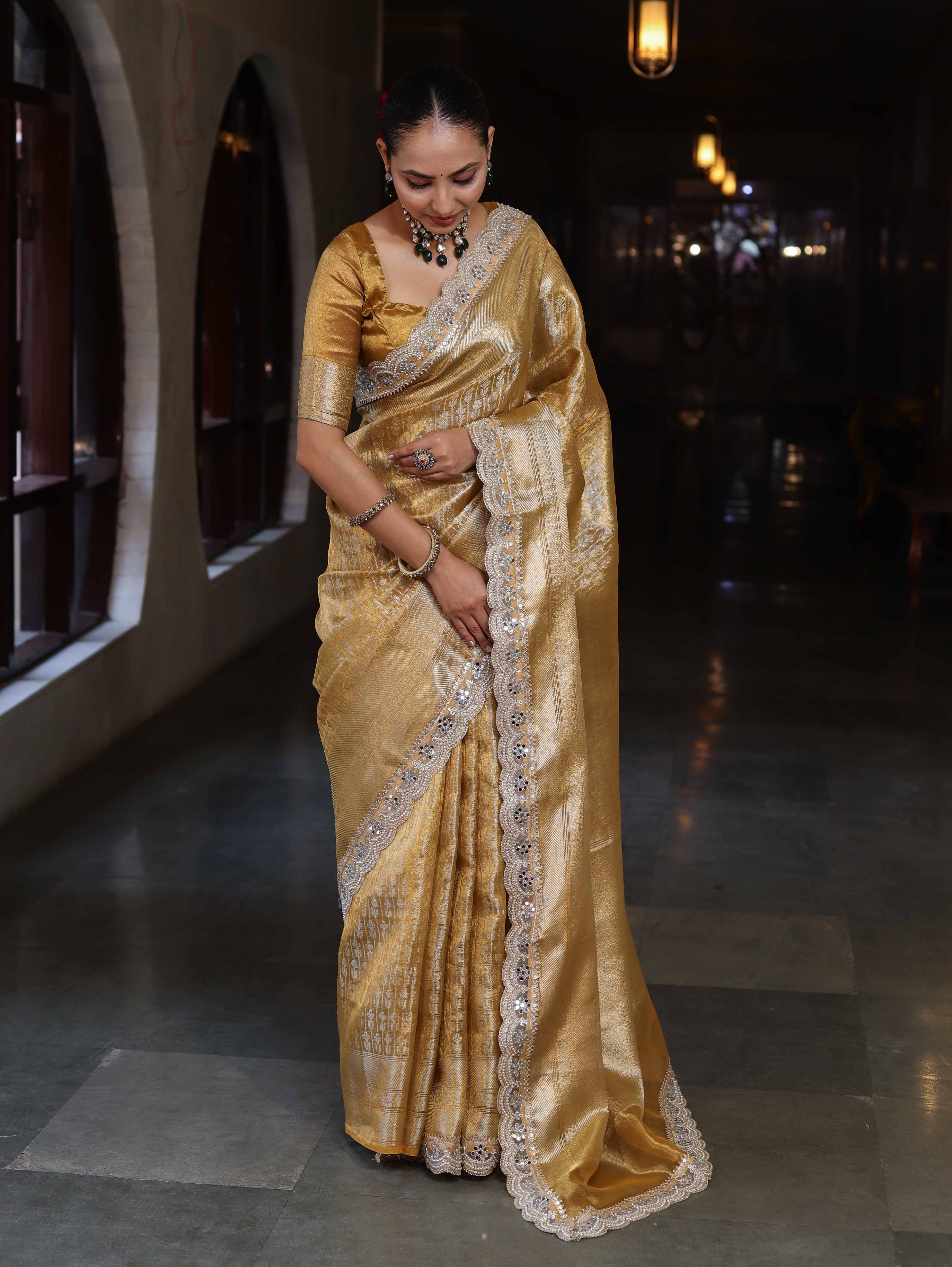 Banarasee Handwoven Tissue Saree With Zari Woven Design Broad Border & Lace-Gold