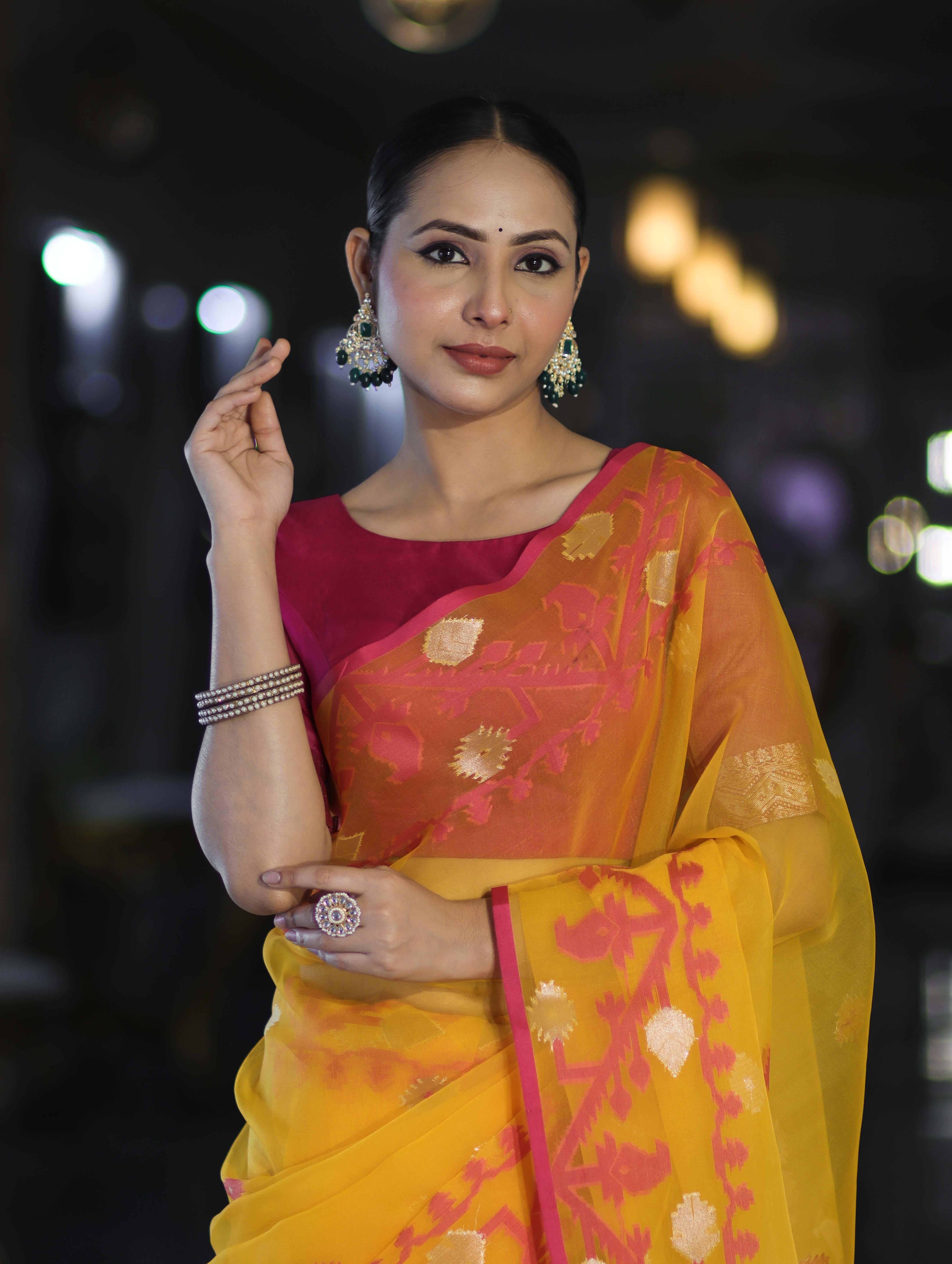 Banarasee Dual Color Organza Mix Saree With Resham & Zari Work-Yellow & Magenta