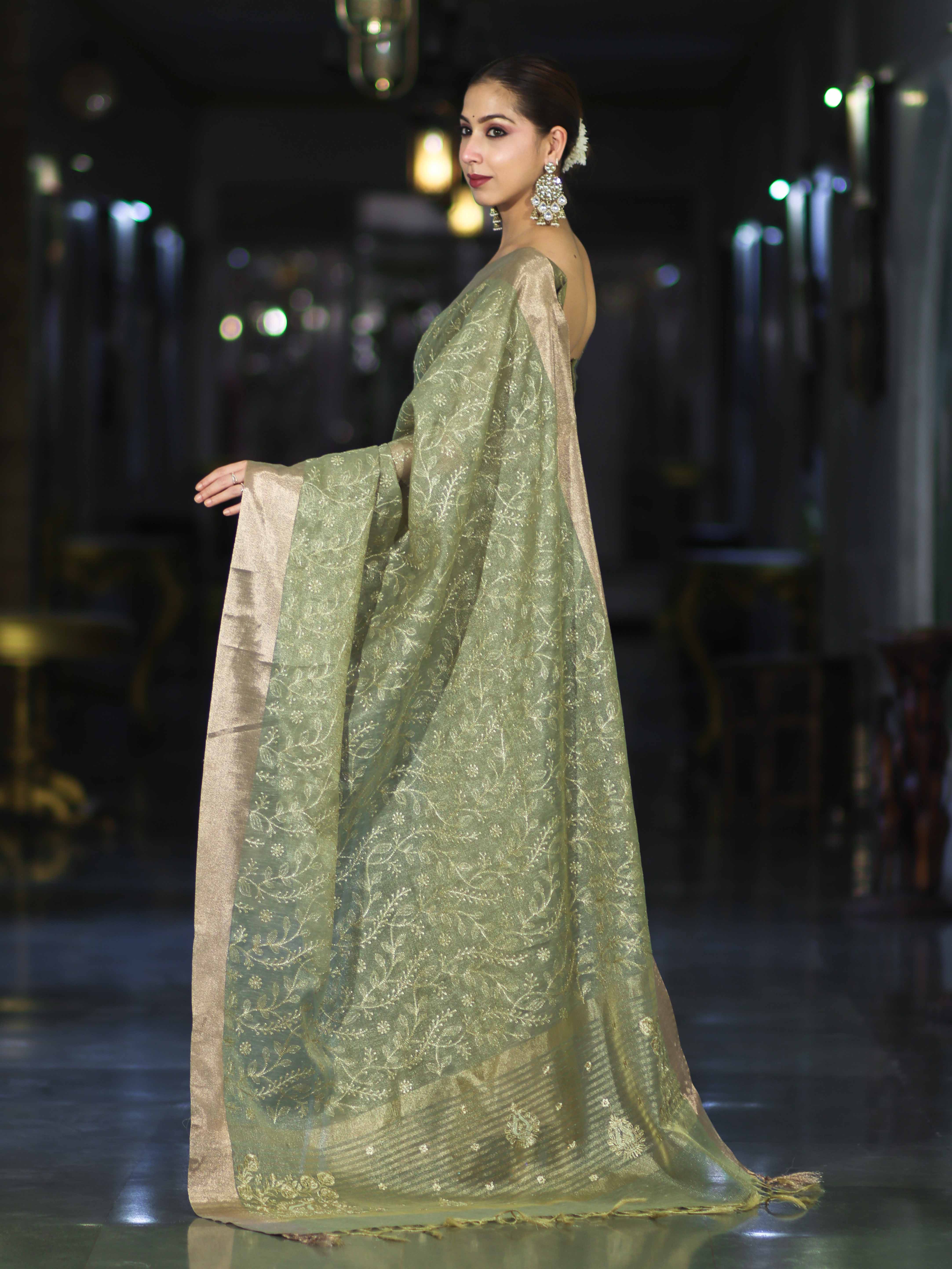 Banarasee Handloom Tissue Saree With Zari Thread Floral Embroidery & Border-Moss Green