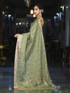 Banarasee Handloom Tissue Saree With Zari Thread Floral Embroidery & Border-Moss Green