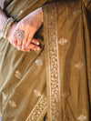 Banarasee Handloom Semi Silk Saree With Sona Rupa Zari Buta Work & Border-Olive Green (Yellow Tone)