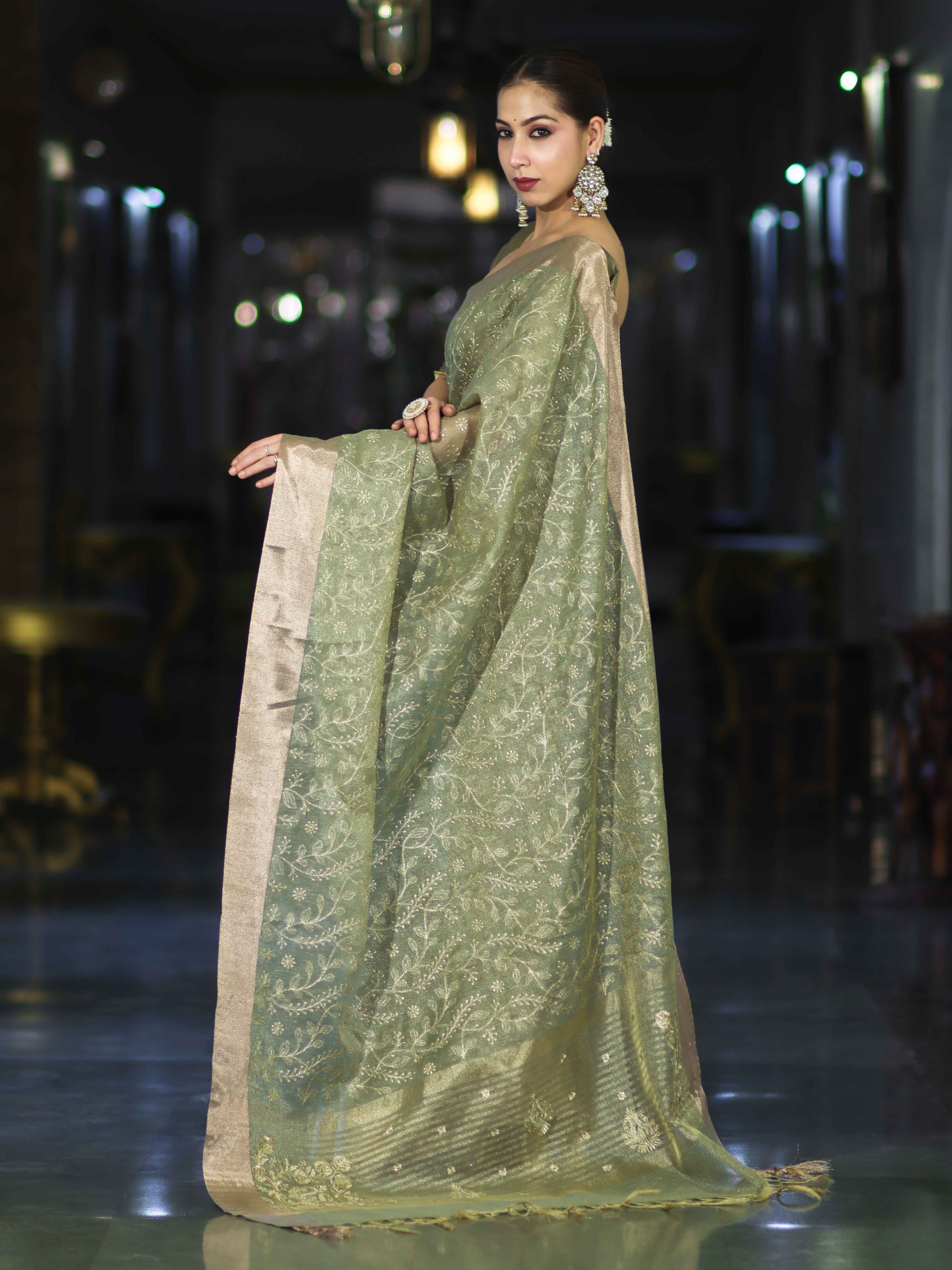 Banarasee Handloom Tissue Saree With Zari Thread Floral Embroidery & Border-Moss Green