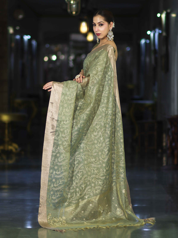 Banarasee Handloom Tissue Saree With Zari Thread Floral Embroidery & Border-Moss Green