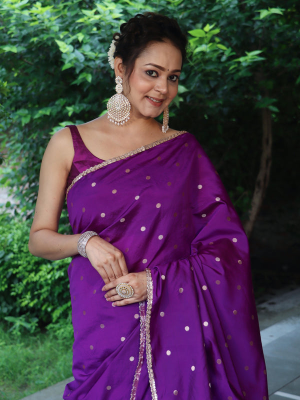 Banarasee Handwoven Semi Silk Saree With Zari Buti Design & Lace-Purple