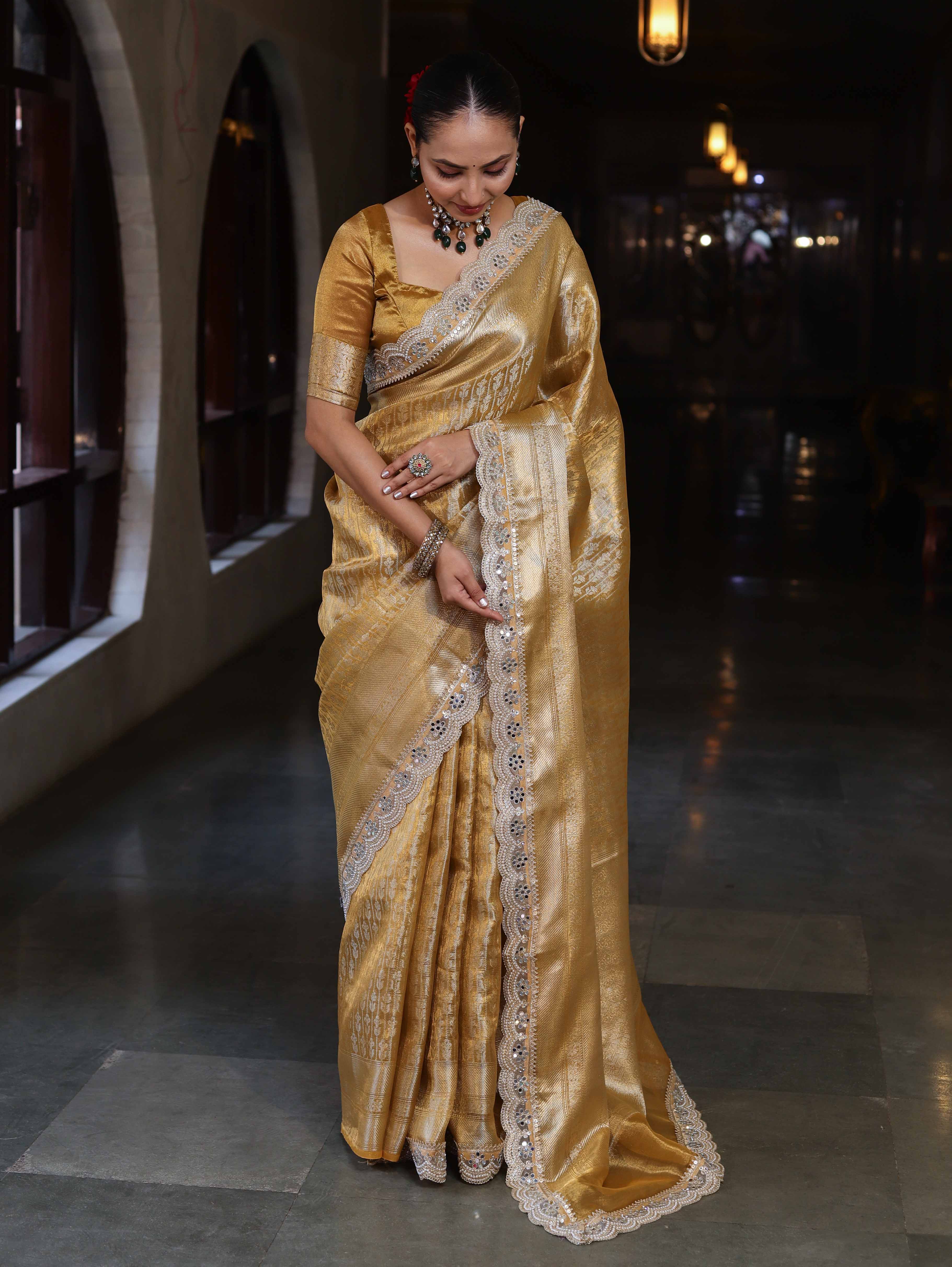 Banarasee Handwoven Tissue Saree With Zari Woven Design Broad Border & Lace-Gold