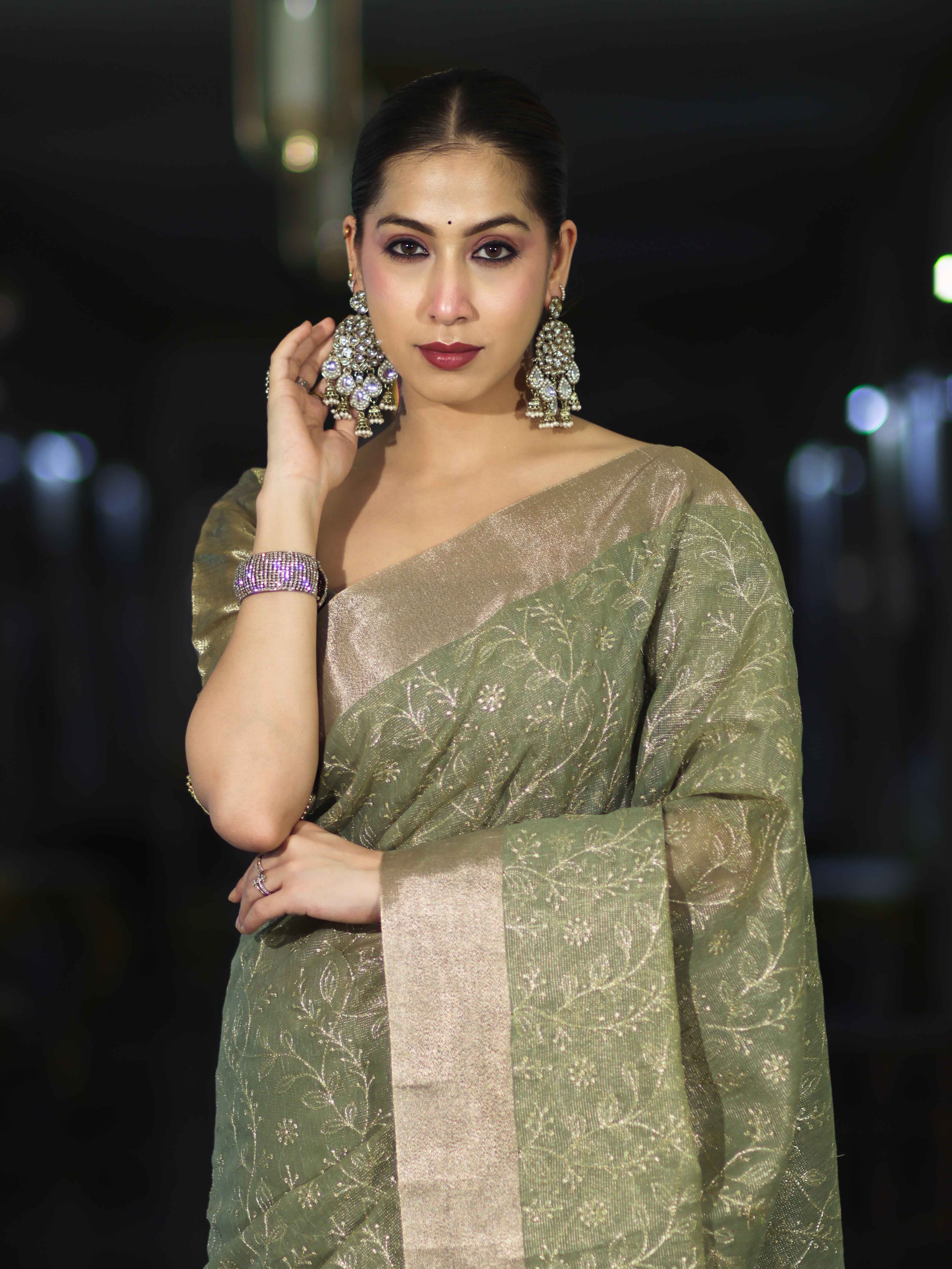 Banarasee Handloom Tissue Saree With Zari Thread Floral Embroidery & Border-Moss Green
