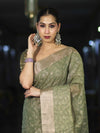 Banarasee Handloom Tissue Saree With Zari Thread Floral Embroidery & Border-Moss Green
