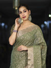 Banarasee Handloom Tissue Saree With Zari Thread Floral Embroidery & Border-Moss Green