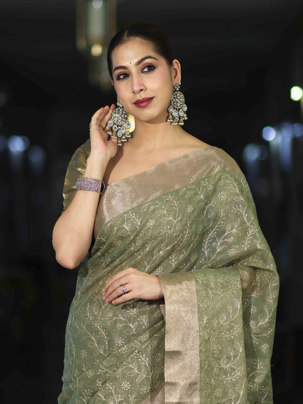 Banarasee Handloom Tissue Saree With Zari Thread Floral Embroidery & Border-Moss Green