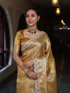 Banarasee Handwoven Tissue Saree With Zari Woven Design Broad Border & Lace-Gold