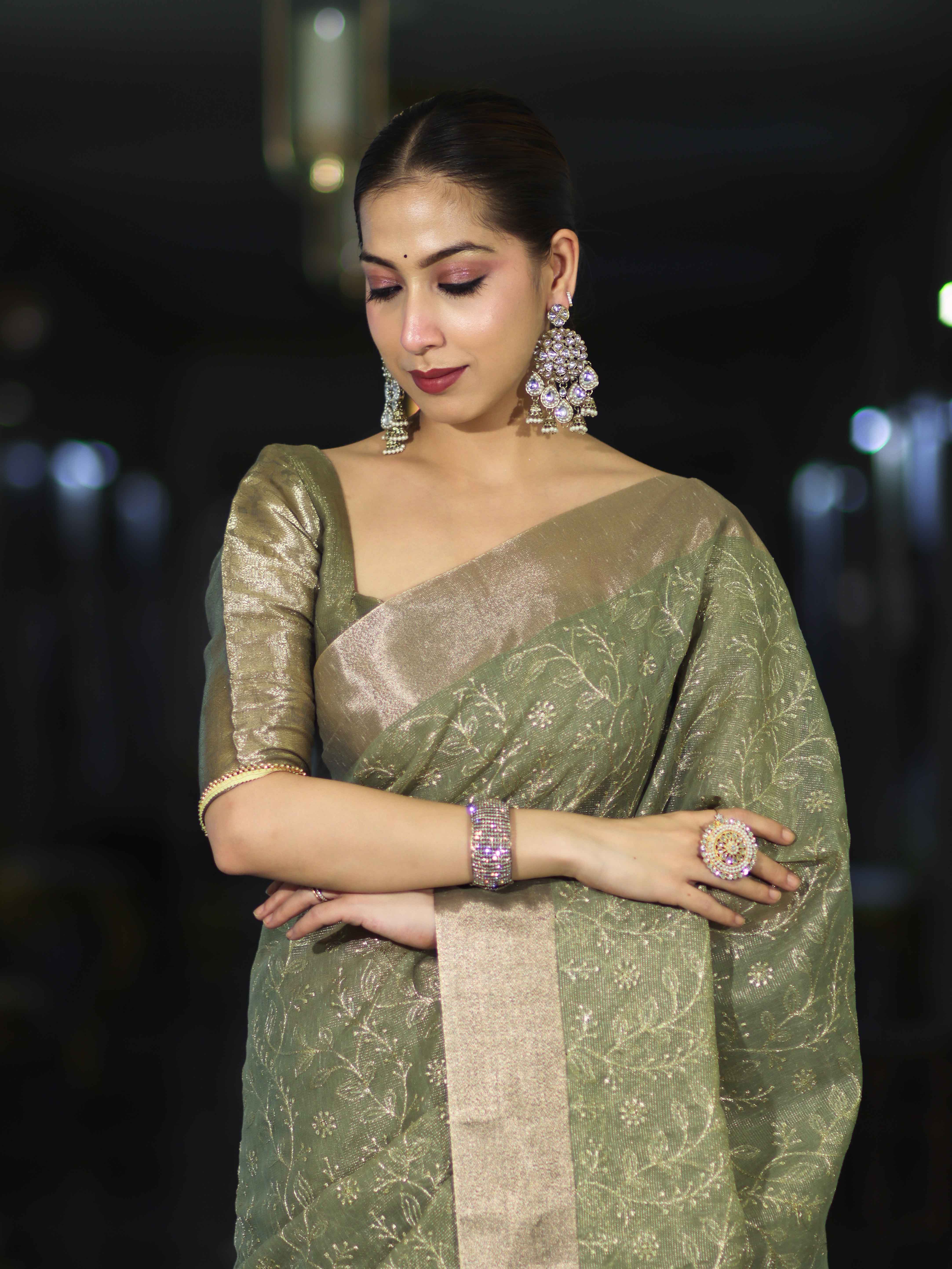 Banarasee Handloom Tissue Saree With Zari Thread Floral Embroidery & Border-Moss Green