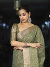 Banarasee Handloom Tissue Saree With Zari Thread Floral Embroidery & Border-Moss Green